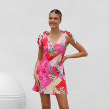 Load image into Gallery viewer, Summer Dress Printed V neck Lace up Mini Sling Dress