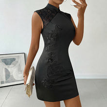 Load image into Gallery viewer, Chinese Hip Embroidered Stand Collar Black Cheongsam Dress