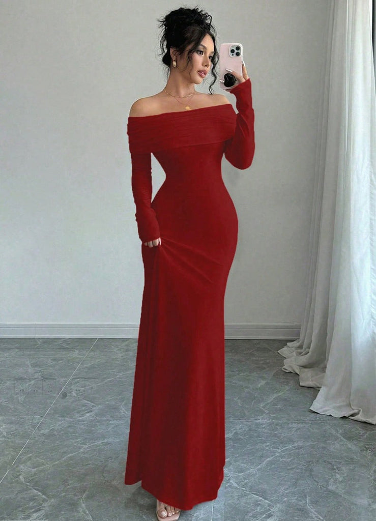 Women Clothing Autumn off Shoulder Four Sided Stretch Dress Tight off Shoulder Long Formal Dress