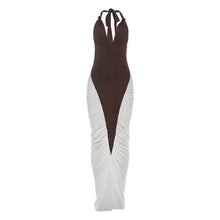 Load image into Gallery viewer, Autumn Winter Women Sexy Backless Halter V neck Colorblock Contrast Color Sheath Dress