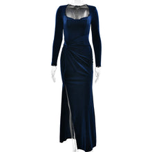 Load image into Gallery viewer, Women Clothing Sexy Slit Square Collar Dress Fashionable Elegant Velvet Pleated Dress