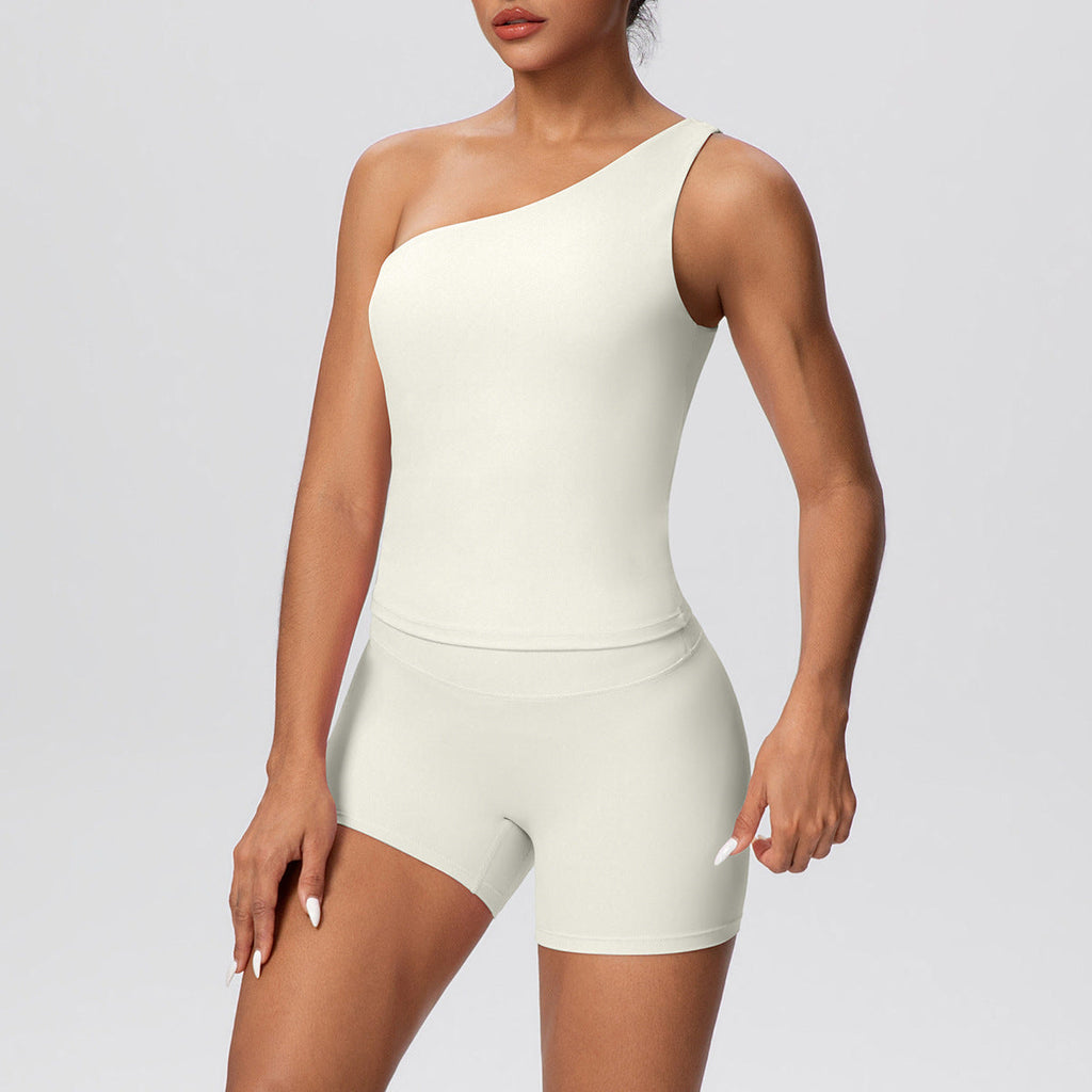 Women Solid Color Oblique Shoulder Strap Beauty Back Exercise Vest Yoga Pants Running Slim Shorts Fitness Yoga Wear Set