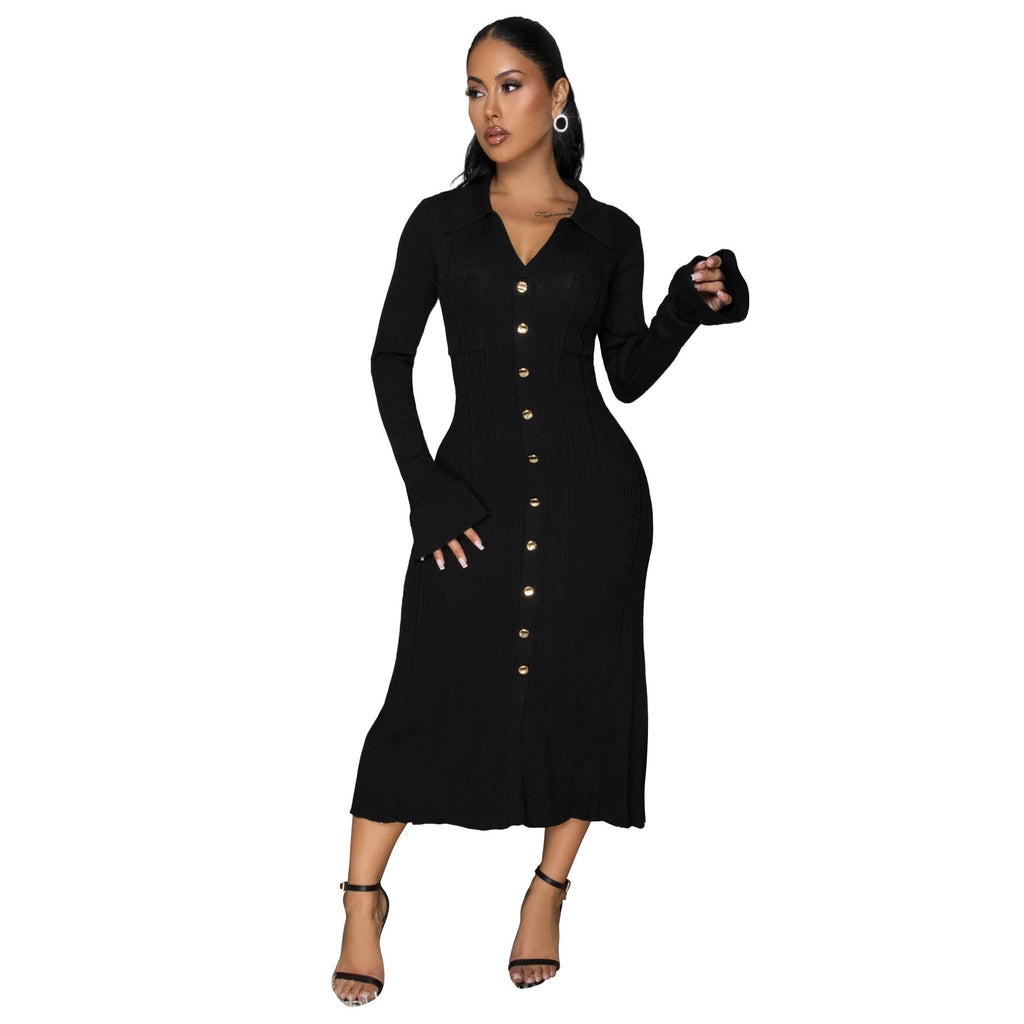 Women Wear V neck Solid Color Dress Single Breasted Long Sleeve Dress