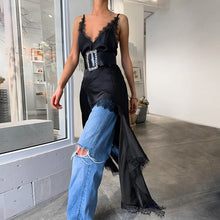 Load image into Gallery viewer, Summer Sexy Design Lace V Neck Strap Black Mysterious Dress Russian Slit Dress Women Clothing