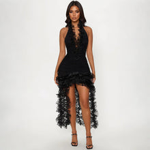 Load image into Gallery viewer, Halter Sexy Deep V Plunge Sheath Solid Color Dress for Women Ruffles Tassel Dress
