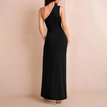 Load image into Gallery viewer, Elegant Milk Silk Sloping Shoulder Dress Sexy High Slit Slim Pleated Tight Formal Dress