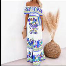 Load image into Gallery viewer, Spring Summer off Shoulder Red Floral Printed Long Large Hem Dress