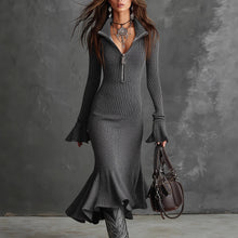 Load image into Gallery viewer, Fall Winter Sexy Zipper Collared Design Bell Sleeve Fishtail Dress Women