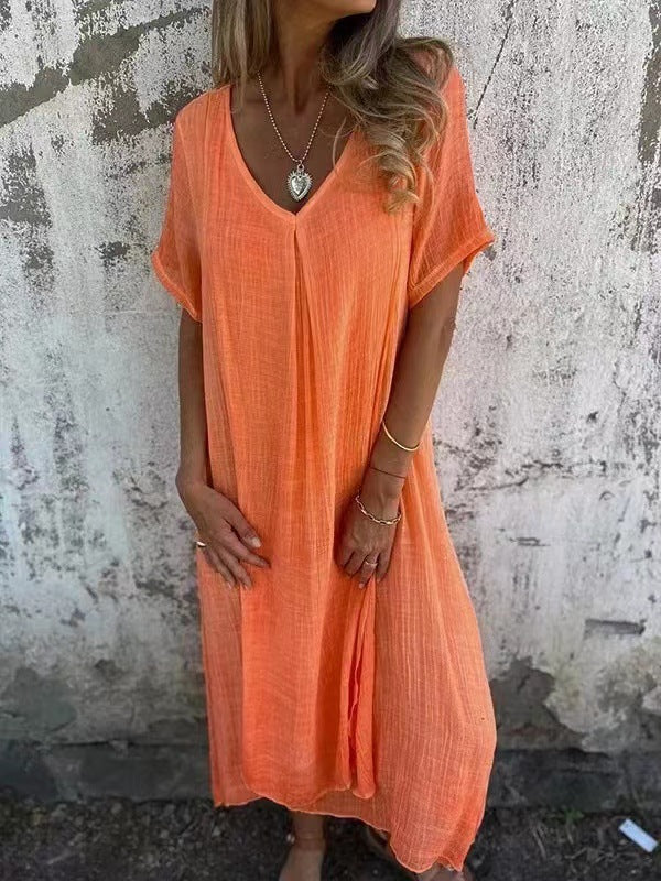 Cotton Linen V neck Semi Formal Dress