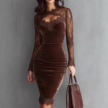 Load image into Gallery viewer, Sexy Lace See through Long Sleeve Dress V neck Lace Patchwork Waist Slimming Hip Wrap Dress