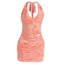 Load image into Gallery viewer, V neck Halter Lace up Velvet Jacquard Fabric Sexy Beauty Back Short Dress