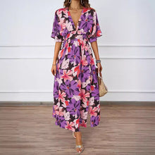 Load image into Gallery viewer, Summer Floral Print Maxi Dress Elastic Band Waist Tight Big V neck Short Sleeve Dress for Women
