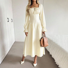 Load image into Gallery viewer, Women Clothing Gentle Square Collar Lace up Long Sleeve Dress Pleated Waist Tight Slimming A line Big Hem Dress