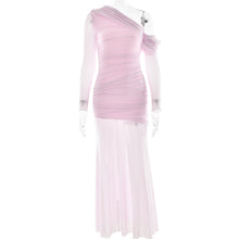 Load image into Gallery viewer, Women Dress Mesh Stitching Pleated Solid Color Long Sleeve Slim Fit Maxi Dress