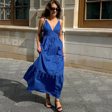 Load image into Gallery viewer, French Vacation Blue Cotton Linen V neck Strap Backless Dress Spring Summer Dress