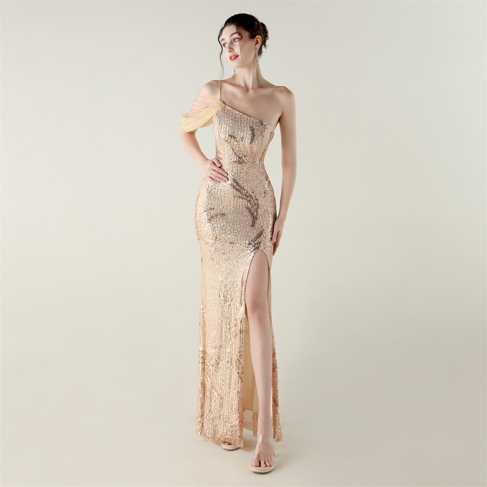 Sequin Mesh Craft Beaded Evening Dress off the Shoulder High Slit Fishtail Dress Swing Cocktail Social Socialite