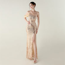 Load image into Gallery viewer, Sequin Mesh Craft Beaded Evening Dress off the Shoulder High Slit Fishtail Dress Swing Cocktail Social Socialite