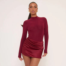 Load image into Gallery viewer, Women Clothing Autumn Winter Graceful Fashionable Half Turtleneck Tight Expensive Satin Pleated Dress