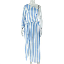 Load image into Gallery viewer, Women Printed Wear Split Striped Waist Asymmetric Dress One Shoulder Diagonal Collar Long Sleeve Casual Dress