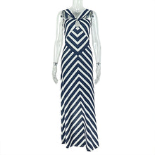 Load image into Gallery viewer, Graceful Personality Women Printed Black White Striped Suspender Dress V neck Hollow Out Cutout Maxi Dress