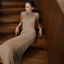 Load image into Gallery viewer, Women Clothing Autumn Winter Elegant Sexy Slim Hollow Out Cutout Pleated Turtleneck Solid Color Dress