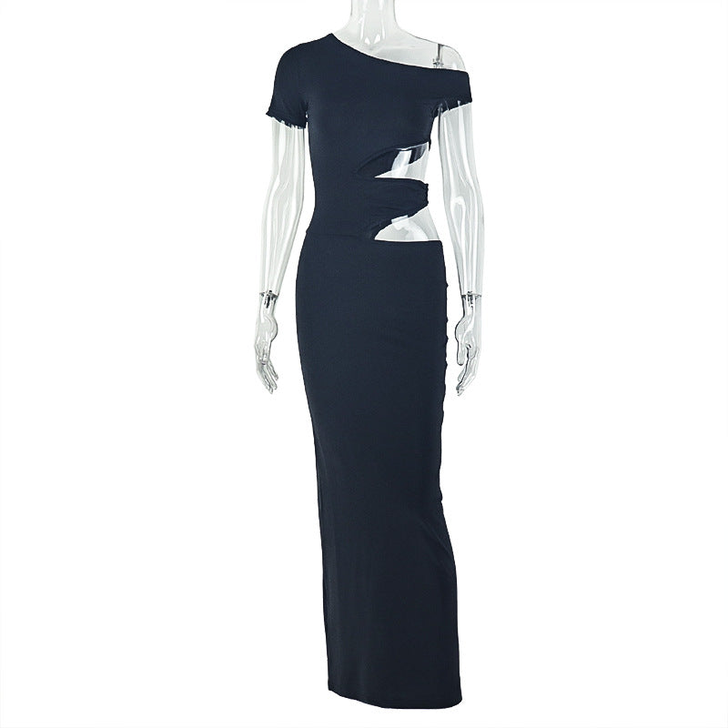 Solid Color Elegant Women Sheath Slim Fit One Step Dress Hollow Out Cutout Asymmetric Dress Evening Party Dress