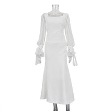 Load image into Gallery viewer, French Square Collar Stitching Mesh Micro Transparent Flared Sleeve Waist Slimming Solid Color Fishtail Dress
