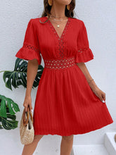 Load image into Gallery viewer, Women Clothing Summer Patchwork Lace V Neck Tight Waist Solid Color Dress