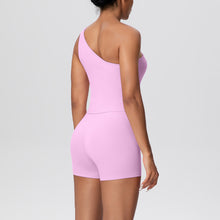 Load image into Gallery viewer, Women Solid Color Oblique Shoulder Strap Beauty Back Exercise Vest Yoga Pants Running Slim Shorts Fitness Yoga Wear Set