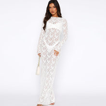 Load image into Gallery viewer, Women Clothing Spring Summer Solid Color Lace See through Long Sleeve Mid Length Dress