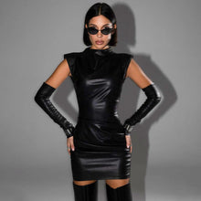Load image into Gallery viewer, Women Clothing Street Hipster Faux Leather Stand Collar Sleeveless Oversleeve Sheath Pleated Dress
