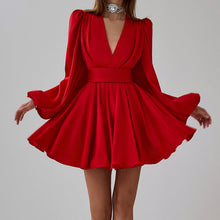 Load image into Gallery viewer, French Pleated Dress Women Puff Sleeve V neck Waist Seal Slimming Satin A line Dress