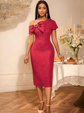 Load image into Gallery viewer, One Shoulder Sexy Bow Short Sleeved Jacquard Dress Party Elegant Retro Slim Fit Hip Dress