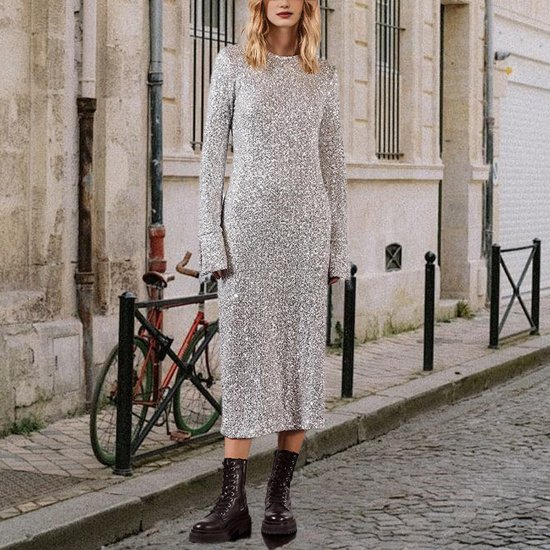 Simple Sequin Street Graceful Fashionable Long Sleeve Dress