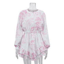 Load image into Gallery viewer, Autumn Cotton Champray Printed Casual Dress Women round Neck Long Sleeve Ruffles A line Dress