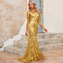 Load image into Gallery viewer, Spring Autumn Sequined Dress Purple Crew-Neck Long Evening Dress Long Sleeve Dress