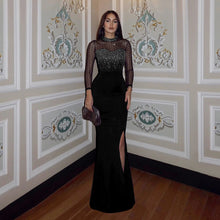 Load image into Gallery viewer, Drilling Mesh Long Sleeve Patchwork Waist Slimming Split Dress Women Slim Fit Long Formal Dress Women