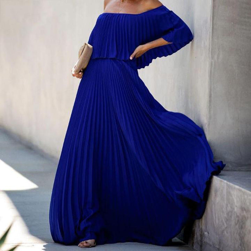 Spring Summer Women Clothing Sexy off-Shoulder Tube Top Folding Chiffon Party Formal Dress