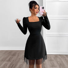 Load image into Gallery viewer, Autumn Square Collar Bubble Long Sleeve Dress Mesh Stitching High Waist A line Dress