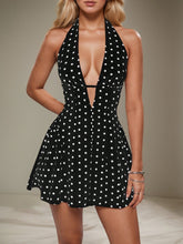 Load image into Gallery viewer, Retro Halter Black Polka Dot Deep V Plunge neck Sleeveless Backless Short A line Elegant Dress