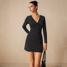 Load image into Gallery viewer, French Vintage Floral Dress Women Niche Design V neck Lace up Short Black Polka Dot Dress