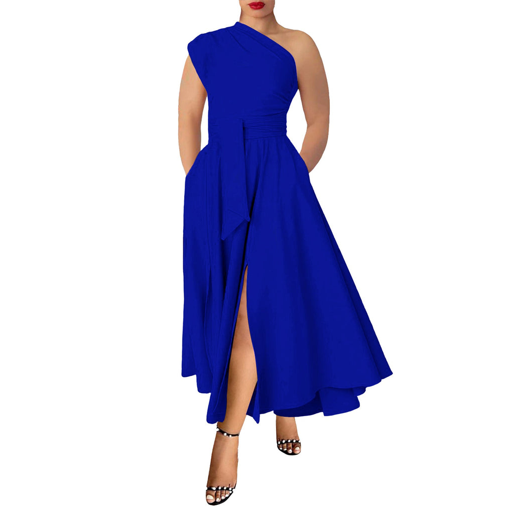 Summer Women Wear Sleeveless Diagonal Collar Solid Color Waist Tight Swing Dress