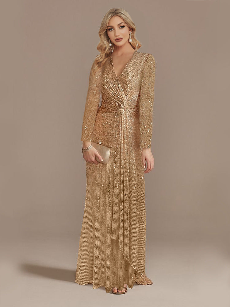 Multi Color Long Sleeve V neck Fishtail Cocktail Evening Dress Women