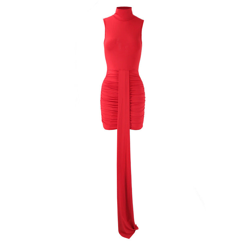 Women Clothing Trendy Turtleneck Sleeveless Slim Fit Pleated Ribbon Dress Source