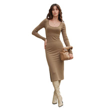 Load image into Gallery viewer, Retro Hong Kong Square Neck Cinched Slimming Dress Office Minimalist Straight Split Midi Dress