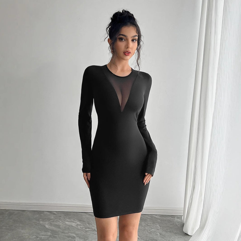 Spring Summer Ladies Solid Color Mesh Stitching Chest Design Long Sleeve Slim Fit Dress