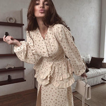 Load image into Gallery viewer, French Design Ruffled Waist Seal Printed V neck Puff Sleeve Elegant Split Dress Women Clothing