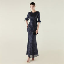 Load image into Gallery viewer, Positioning Floral Sequin Craft Order Ostrich Feather Decorative Evening Dress Long Sleeve Fishtail Cinched Peplum