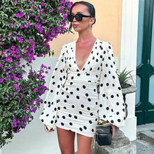 Load image into Gallery viewer, Polka Dot Printed Sexy Deep V Plunge neck Slim Fit Bell Sleeve Sheath Dress for Women