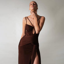 Load image into Gallery viewer, Dress Sexy Slim Fit Maxi Dress Backless Brown Pleating Ribbon Dress